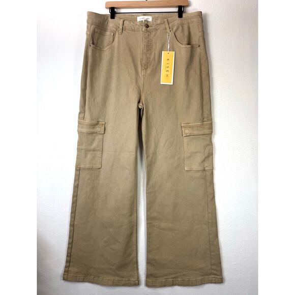 RISEN Los Angeles Women Cargo Khaki High Rise Wide Leg Jeans Plus Size Pant 3XL - Picture 1 of 8